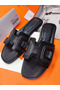 Hermes Oran Sandals In Black Leather With Stitched Detail Replica