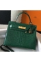 Hermes Kelly 25cm Handmade Bag In Green Embossed Crocodile Leather  Replica
