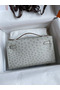 Hermes Kelly Pochette Handmade Bag In Pearl Grey Ostrich Leather  Replica