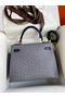Hermes Kelly Sellier 25 Bicolor Bag in Gris Agate and Blue Ostrich Leather  Replica