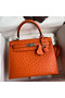 Hermes Kelly Sellier 25 Handmade Bag In Orange Ostrich Leather  Replica