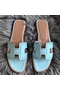 Hermes Oran Perforated Sandals In Blue Atoll Epsom Leather  Replica