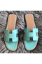 Hermes Oran Sandals In Blue Atoll Swift Leather  Replica