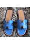 Hermes Oran Sandals In Blue Swift Leather  Replica