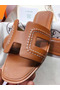 Hermes Oran Sandals In Brown Leather With Stitched Detail  Replica