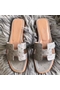Hermes Oran Sandals In Grey Ostrich Leather  Replica