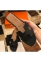 Hermes Oran Slide Sandals In Black Clemence Leather  Replica