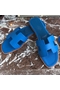Hermes Oran Slide Sandals In Blue Hydra Epsom Calfskin  Replica