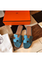 Hermes Oran Slide Sandals In Blue Jean Clemence Leather  Replica