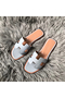 Hermes Oran Slide Sandals In Blue Lin Clemence Leather  Replica