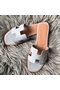 Hermes Oran Slide Sandals In Blue Lin Clemence Leather  Replica