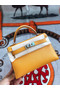 Hermes original mini Kelly chevre mysore K19CM Mango yellow&silver Metal  Replica
