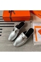 Hermes Trocadero Mules In Silver Nappa Leather  Replica