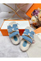 Hermes Women's Chypre Sandals in Blue Suede with Shearling  Replica