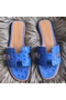 Hermes Oran Sandals In Blue Hydra Ostrich Leather Replica