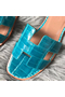 Hermes Oran Sandals In Blue Paon Shiny Niloticus Crocodile Replica