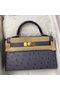 Hermes Kelly Mini II Handmade Bag In Gris Agate Ostrich Leather Replica