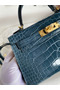 Hermes Kelly Mini II Sellier Handmade Bag In Blue Jean Shiny Alligator Leather Replica