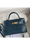 Hermes Kelly Mini II Sellier Handmade Bag In Blue Jean Shiny Alligator Leather Replica