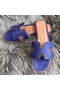 Hermes Oran Slide Sandals In Blue Epsom Perforated Calfskin Replica