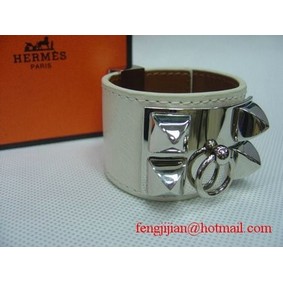 Fake 2009 Hermes White Leather Silver Bangle 1171 HMSB2XJD9M1