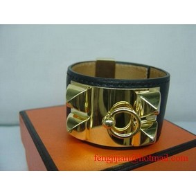 2010 Hermes Medor Bracelet Black Leather Gold Bangle 1171 Top Replica HMSSW1344M9