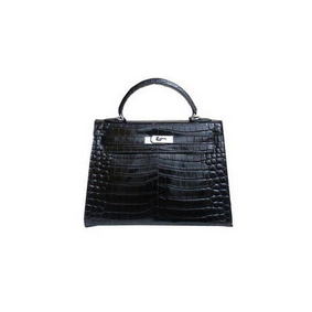 Hermes Kelly 32cm Shoulder Bag Black Croco Patent Leather K32 Silver HMS6EQZ8C8C