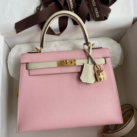 Best Quality Hermes Kelly Sellier 25 Bicolor Bag in Rose Sakura and Craie Epsom Calfskin HMS52TOWPEW