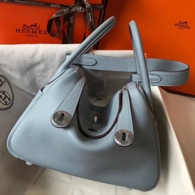 Fake Hermes Lindy 26cm Bag In Blue Lin Clemence Leather PHW HMS705V88HR