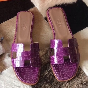 Hermes Oran Sandals In Purple Shiny Niloticus Crocodile Replica HMSE41AZ9VT