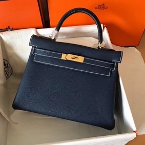 Hermes original Togo leather kelly bag KL320 dark blue HMSZ3TQPCL8