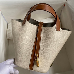 Imitation Hermes Picotin Lock 18 Bicolor Handmade Bag in Craie and Gold Clemence Leather HMSV3P1ZWV1
