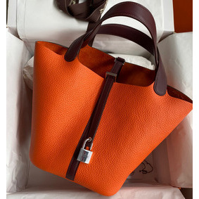 First-class Quality Hermes Picotin Lock 22 Bicolor Handmade Bag in Orange and Burgundy Swift Leather HMS1KJKAFNU