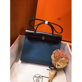 Hermes Herbag 31CM Original Canvas Leather & Calfskin 45987 Blue&Black 1:1 Replica HMSR2724KG7