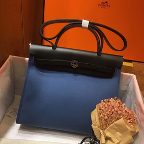 Top Replica Hermes Herbag Zip 31cm Bag In Black And Blue HMSXEP48I44