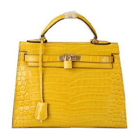 Fake Hermes Kelly 32cm Shoulder Bags Yellow Iridescent Croco Leather Gold HMS7LTQDO7T