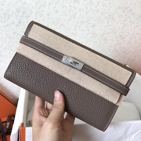 Hermes Kelly Classic Long Wallet In Etoupe Clemence Leather Top Replica HMSKQSRD7K1