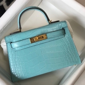Hermes Kelly Mini II Bag In Blue Atoll Embossed Crocodile Leather Top Replica HMSBZ269364