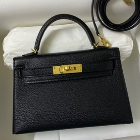Copy Hermes Kelly Mini II Sellier Handmade Bag In Black Chevre Mysore Leather HMS3EZ92PLC