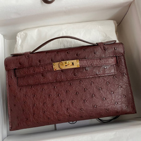 Replica Hermes Kelly Pochette Handmade Bag In Bordeaux Ostrich Leather HMSA6SVW40H