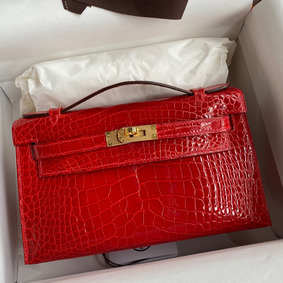 Hermes Kelly Pochette Handmade Bag In Red Shiny Alligator Leather Replica HMS6UZ96A38