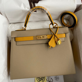 Hermes Kelly Sellier 28 Bicolor Bag in Trench and Yellow Epsom Calfskin Top Replica HMSV56P9WWV