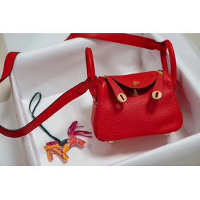 Copy Hermes mini Lindy Togo Leather Bag LD19 red&gold-Tone Metal HMS349H3DZ8