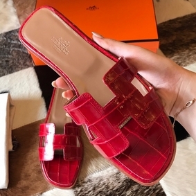 Hermes Oran Slide Sandals In Red Shiny Niloticus Crocodile Skin 1:1 Replica HMSZYEU2Y78