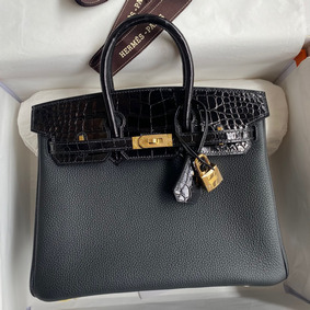 Hermes Touch Birkin 25 Bag in Black Togo and Shiny Alligator Leather Replica HMSJWB8HTHG