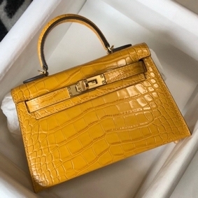 Knockoff Hermes Kelly Mini II Bag In Yellow Embossed Crocodile Leather HMS84J1W86V