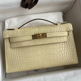 Imitation Hermes Kelly Pochette Handmade Bag In Vanille Matte Alligator Leather HMS62I8U8IL