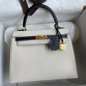 Hermes Kelly Sellier 25 Bicolor Bag in White and Black Mysore Goatskin HMSDMO8R24B