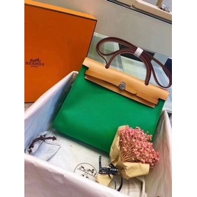 Knockoff Hermes Herbag 31CM Original Canvas Leather & Calfskin 45987 Green&Apricot HMSWG4ZFBV8