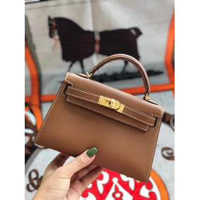 Hermes original mini Kelly chevre mysore K19CM brown&Gold Metal HMSPFAC74E4